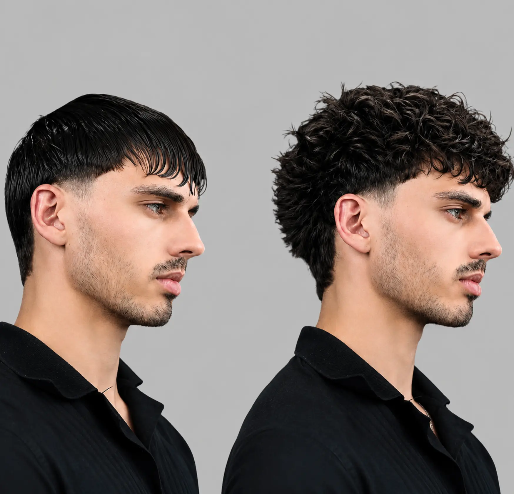 Before and after: same man with flat, damp-looking hair vs styled, voluminous hair after using BlackMask