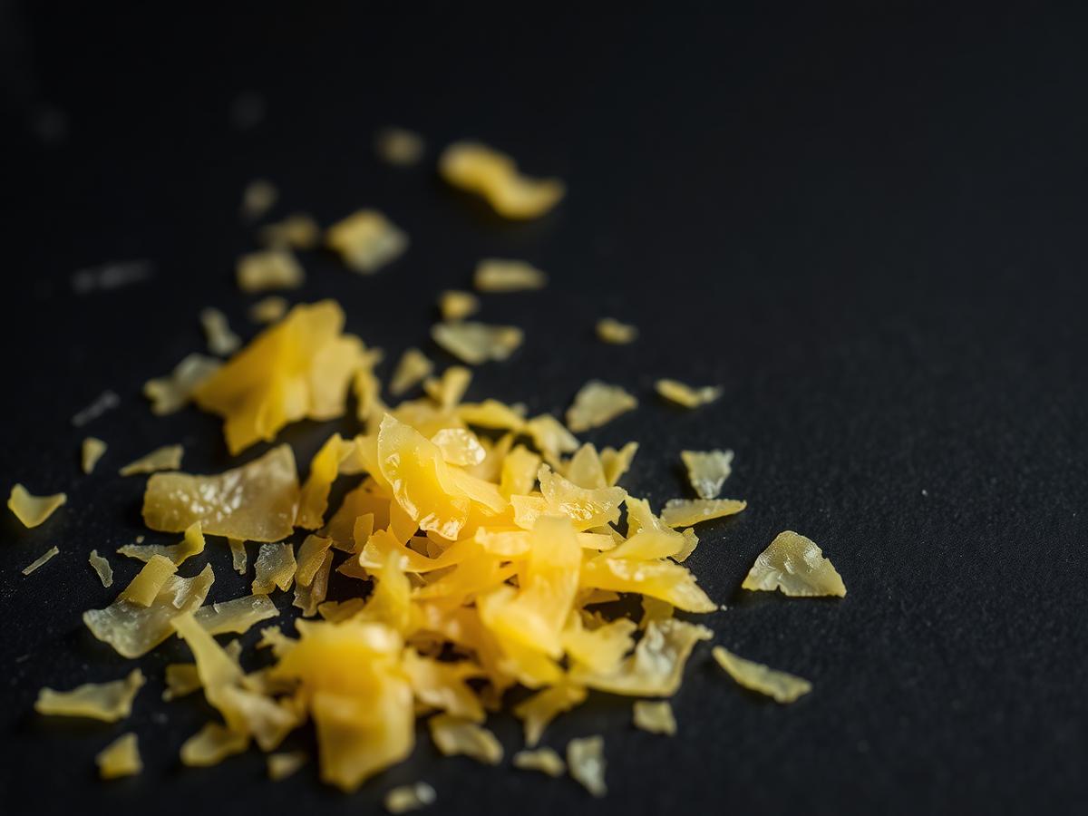 Macro photograph of raw carnauba wax flakes